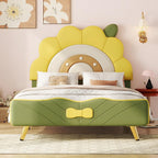 Sweiko wooden bed with sunflower headboard and bow detail, featuring a bright yellow and green design