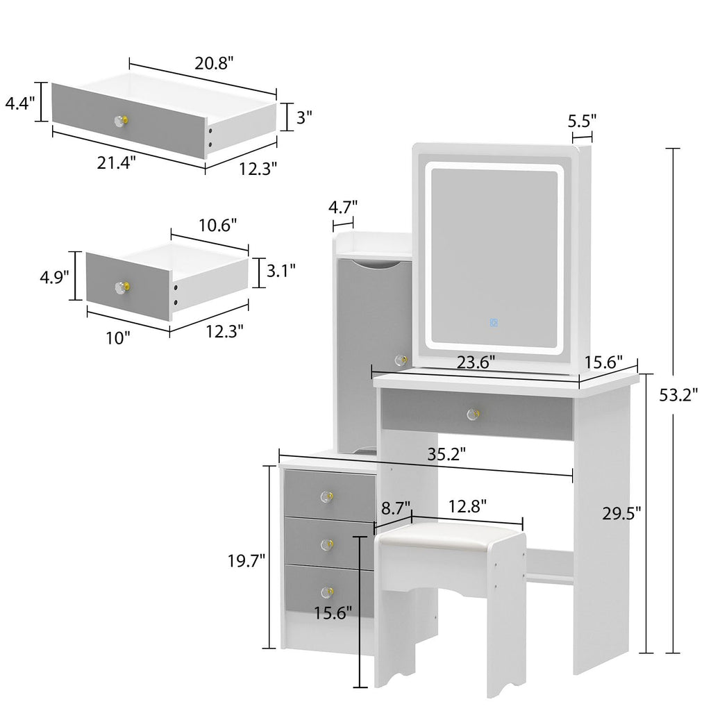 FAMAPY Vanity Desk with Lighted Mirror and Stool, White and Grey