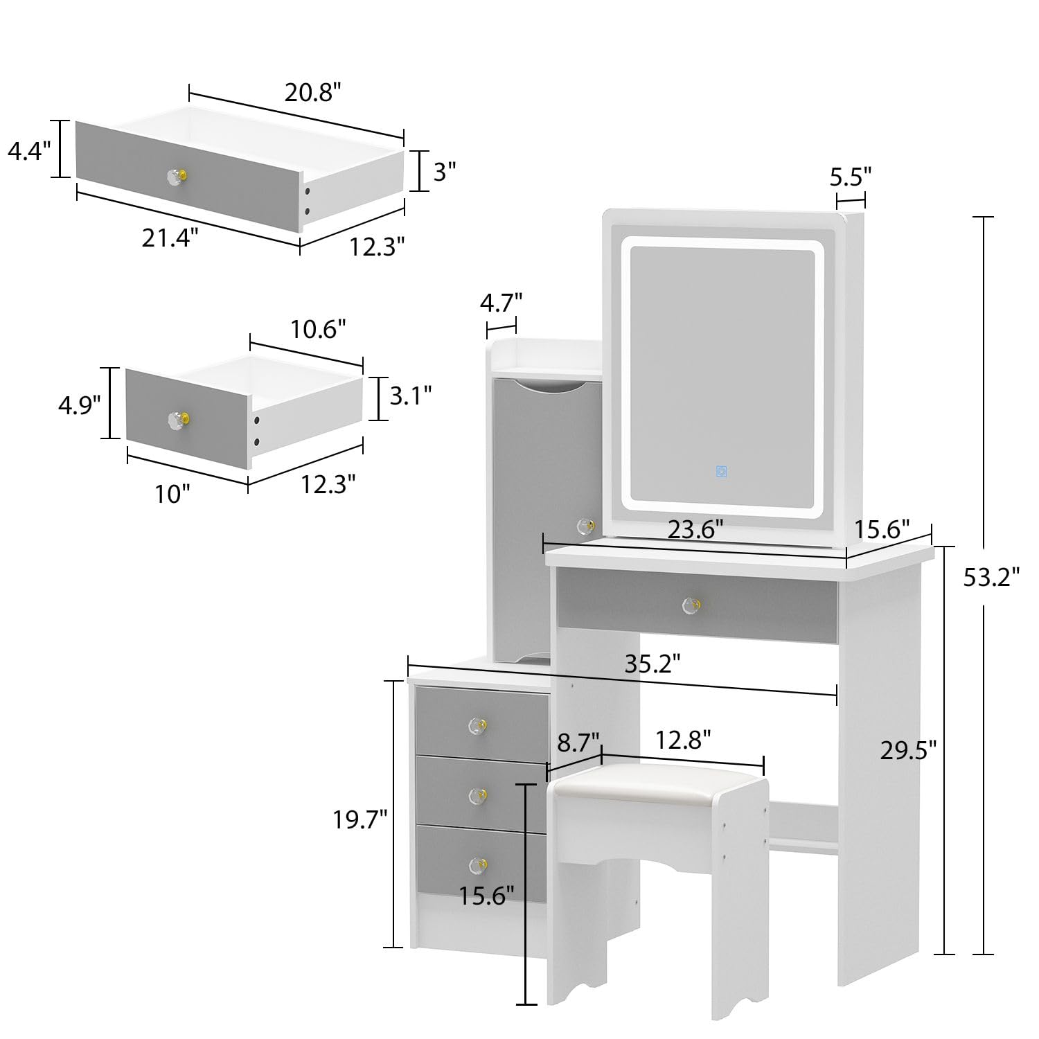 FAMAPY Vanity Desk with Lighted Mirror and Stool, White and Grey