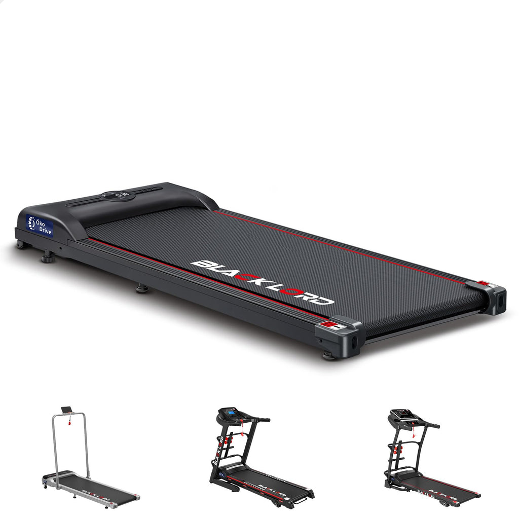 BLACK LORD 2.4HP foldable treadmill with digital LED display and sturdy steel frame, perfect for home or office workouts.