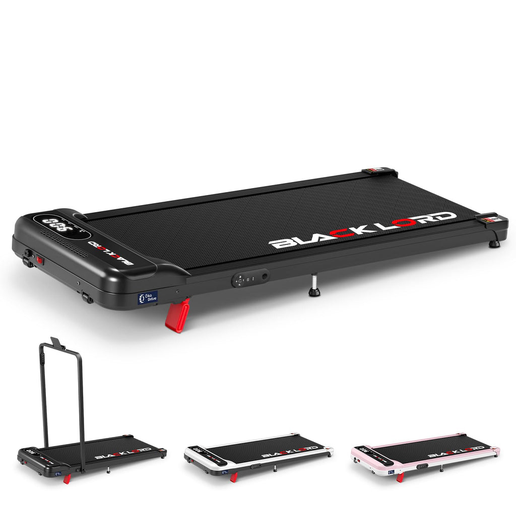 BLACK LORD treadmill with a large LCD display and a sturdy steel frame, designed for home gym use and portability.