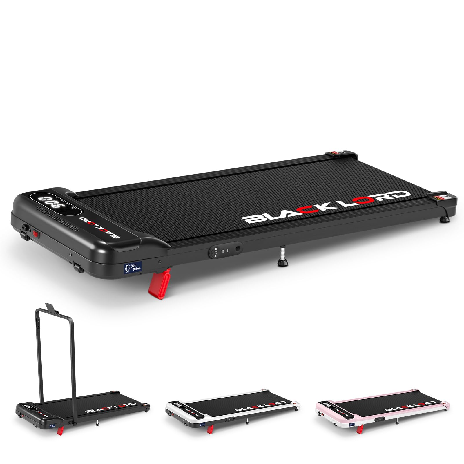 BLACK LORD treadmill with a large LCD display and a sturdy steel frame, designed for home gym use and portability.