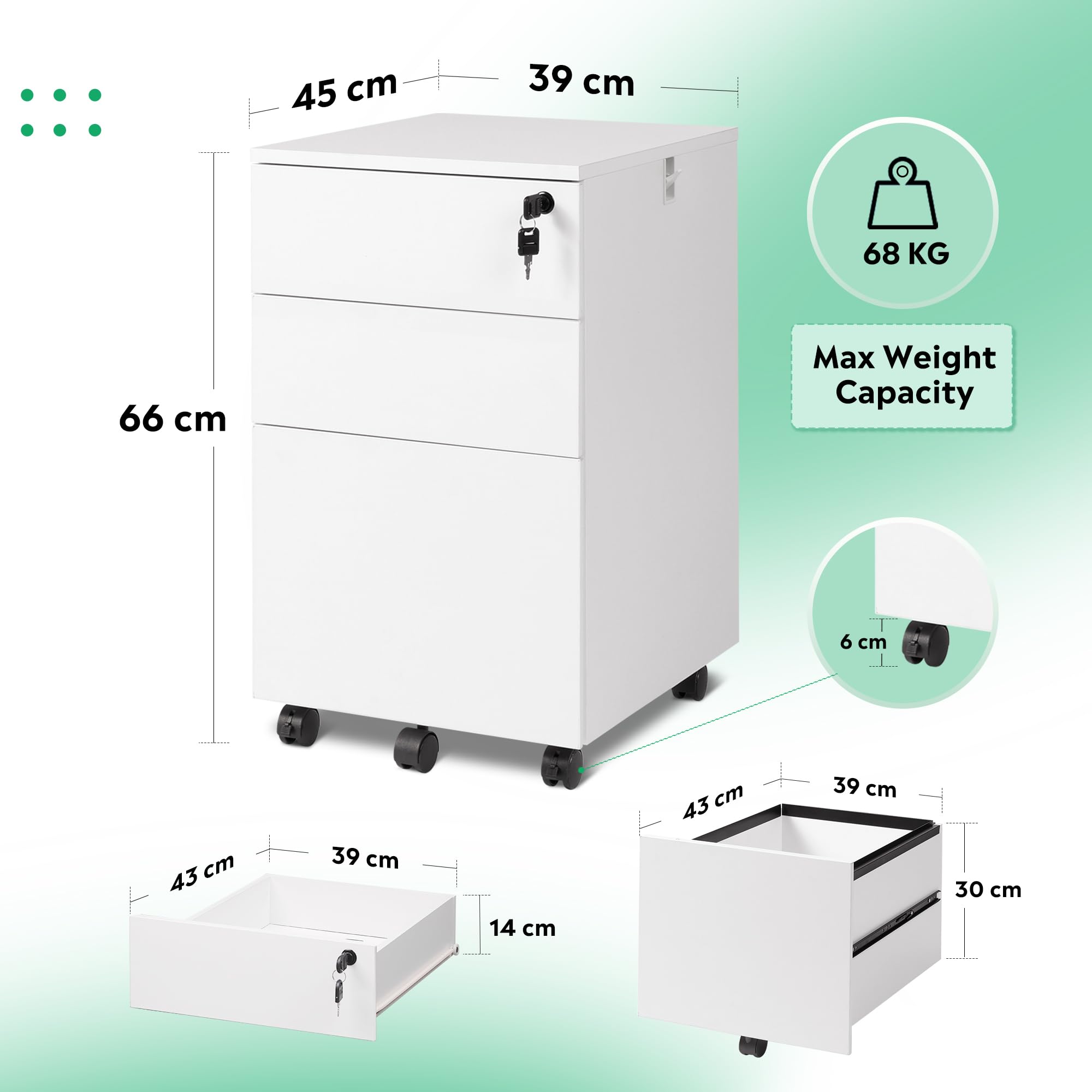 DEVAISE 3 Drawer Lockable Mobile File Cabinet, White