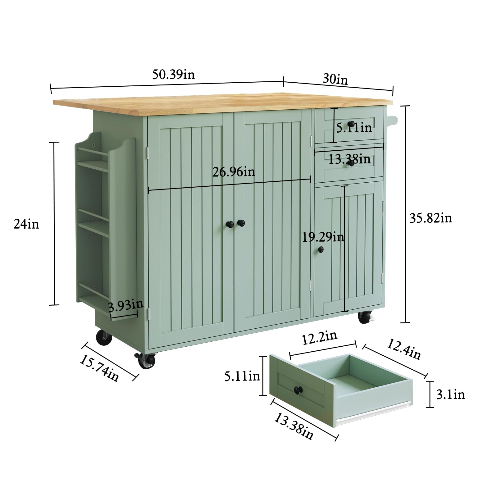 HLR Sage Green Rolling Kitchen Island with Storage