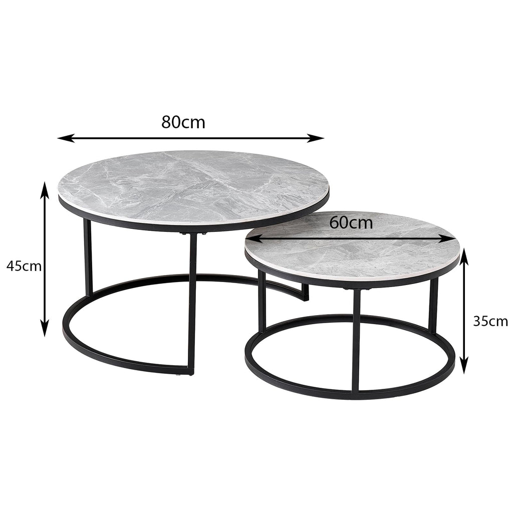 JZGORC 2-Piece Round Coffee Table Set with Grey Marble Top and Black Metal Frame