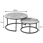 JZGORC 2-Piece Round Coffee Table Set with Grey Marble Top and Black Metal Frame