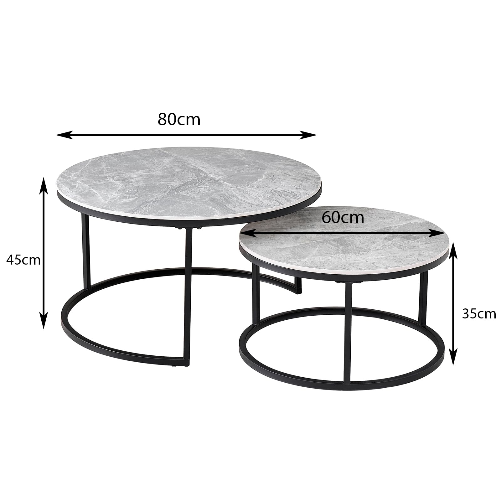 JZGORC 2-Piece Round Coffee Table Set with Grey Marble Top and Black Metal Frame