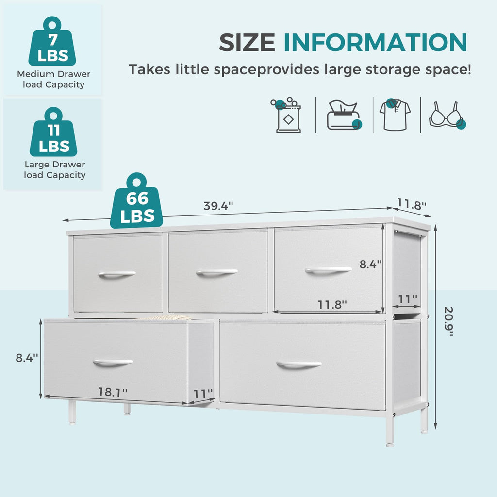 OLIXIS 5-Drawer Bedroom Dresser with Fabric Bins