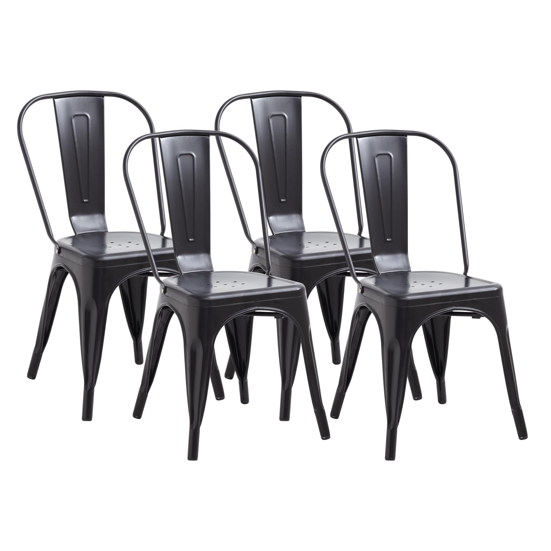 Set of 4 vintage style stackable metal dining chairs with ladder back design in black color