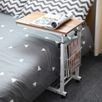 Adjustable height side table with metal frame and oak wooden top