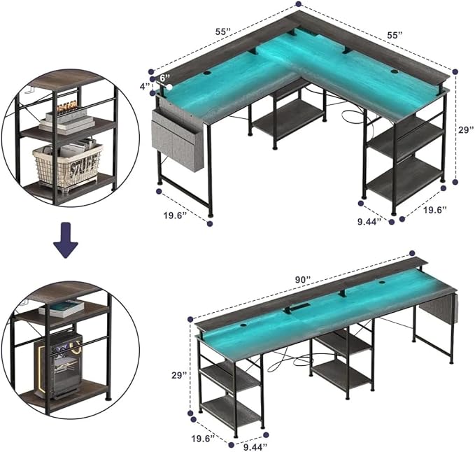 Gaming Desk L-Shaped With LED And Sockets 140 X 140 Cm Corner Desk Reversible Computer Desk With Monitor Shelf 4 Shelves And Side Pockets For Home Office And Office