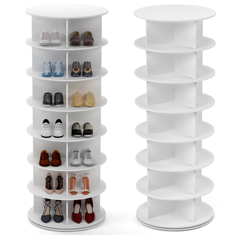 PTUWODS 7 Tier Rotating Shoe Cabinet in white with a round design and swivel feature