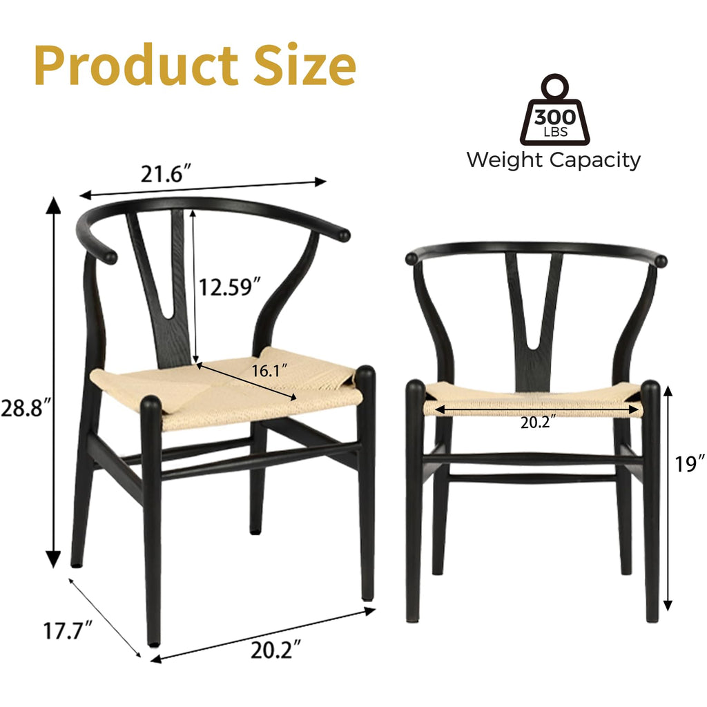 VODUR Wishbone Dining Chairs Set of 2 - Natural Solid Wood and Rattan Seat