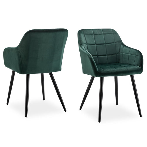 Set of 2 CLIPOP dining chairs with green velvet upholstery and armrests on metal legs