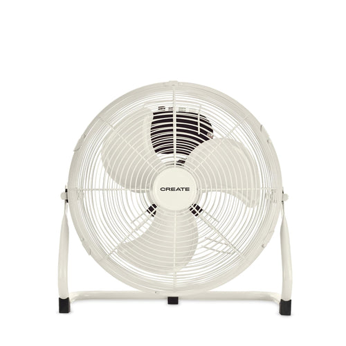 CREATE 12" Industrial Floor Fan with 3 speeds, off-white color and powerful airflow