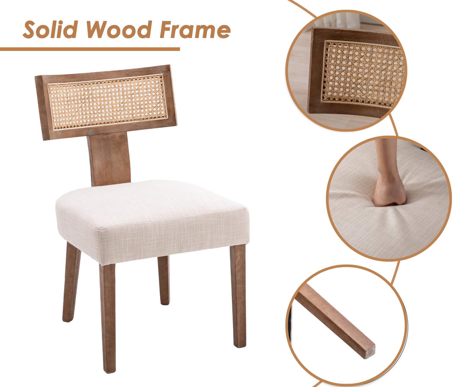 chairus Set of 2 Wooden Upholstered Dining Chairs with Rattan Backrest