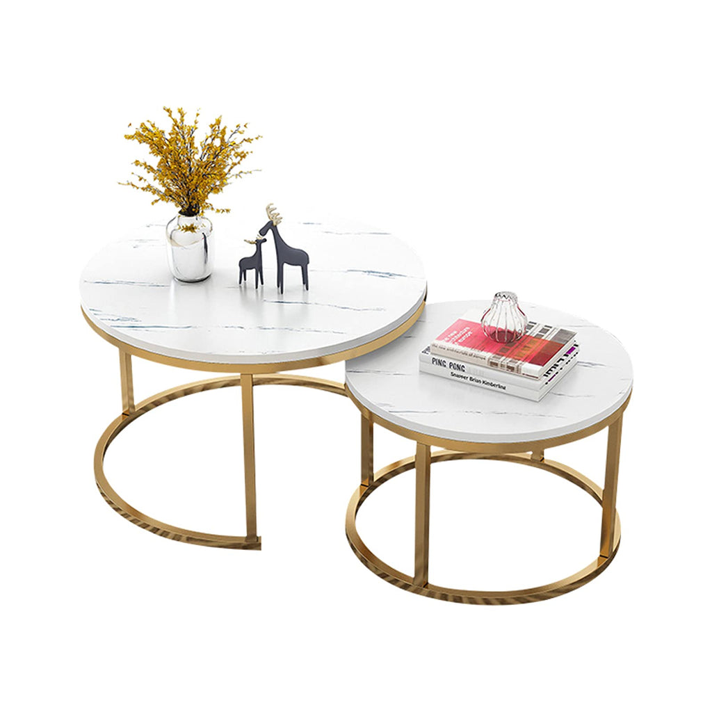 Modern round nesting coffee table set with a sleek metal frame and stone top