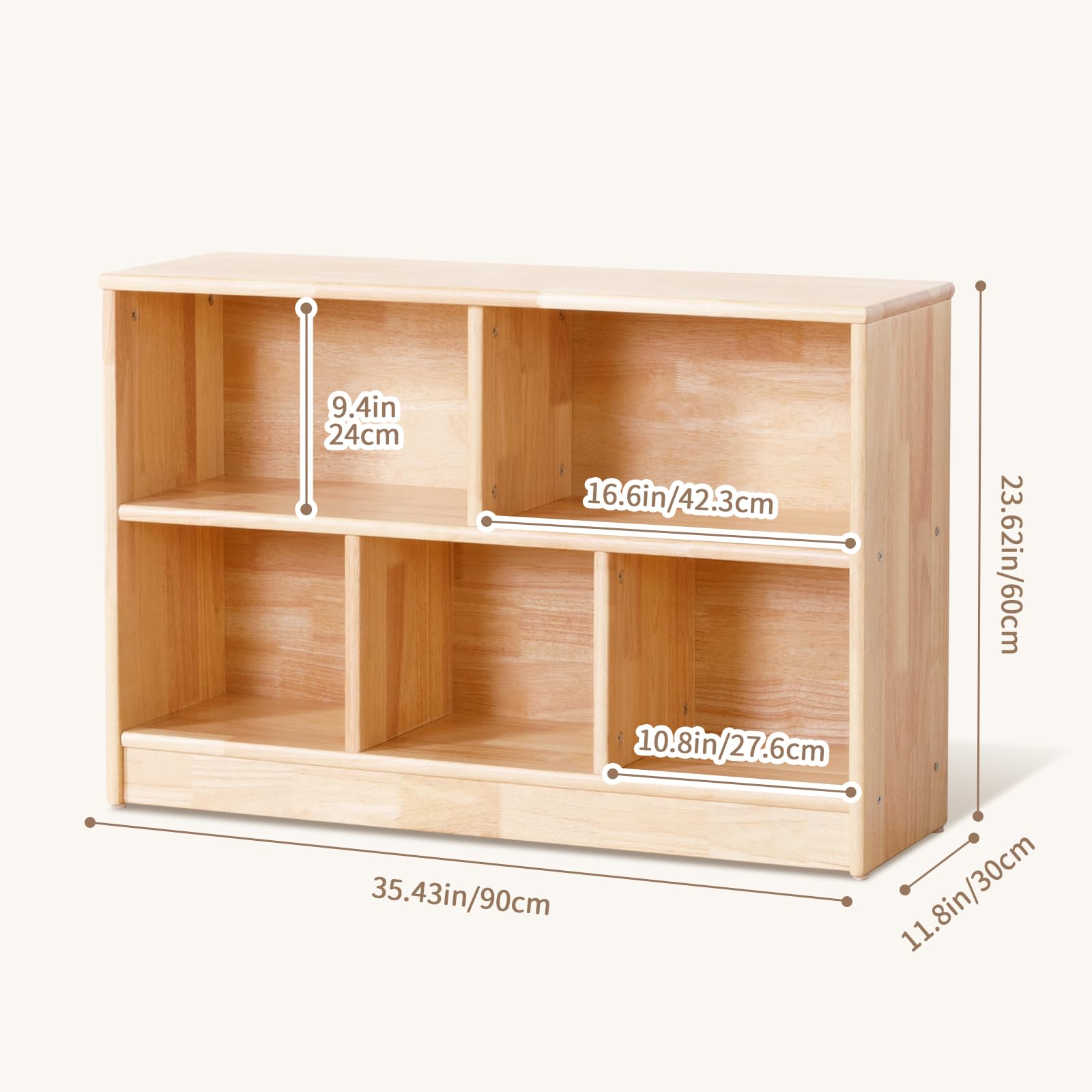 OOOK Montessori Shelf for Kids, 5-Compartment Rubber Wood Storage