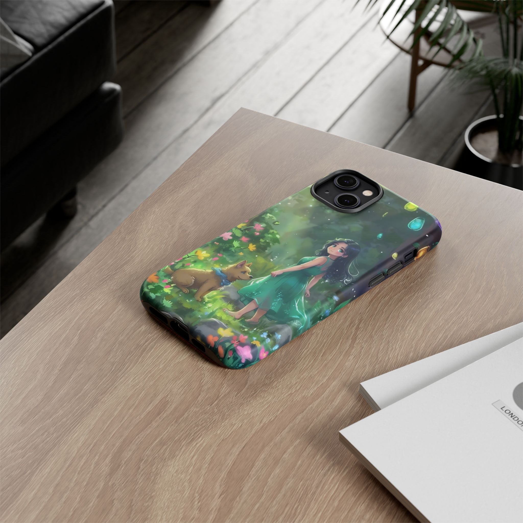Whimsical Phone Case with Nature and Dog Artwork