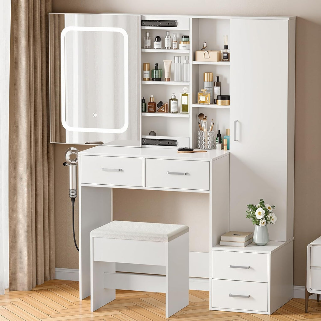Aiorber Dressing Table with LED Lighting and Stool - White