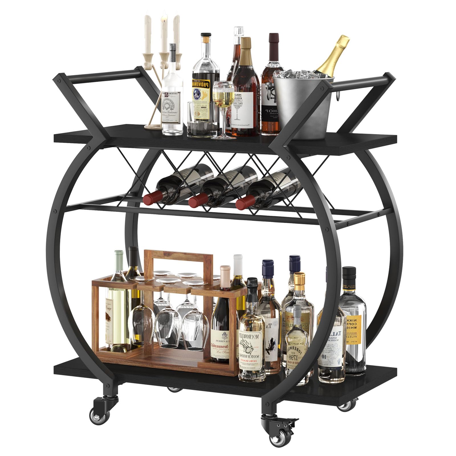 LVB's black arc-shaped bar cart with natural wood grain, featuring storage shelves and a wine rack