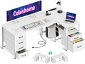 Coleshome L-Shaped Computer Desk with Drawers and Power Outlet White