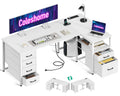 Coleshome L-shaped computer desk with fabric drawers and built-in power outlet in white
