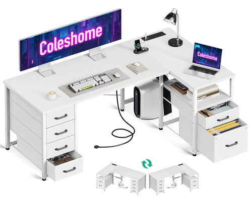 Coleshome L-shaped computer desk with fabric drawers and built-in power outlet in white