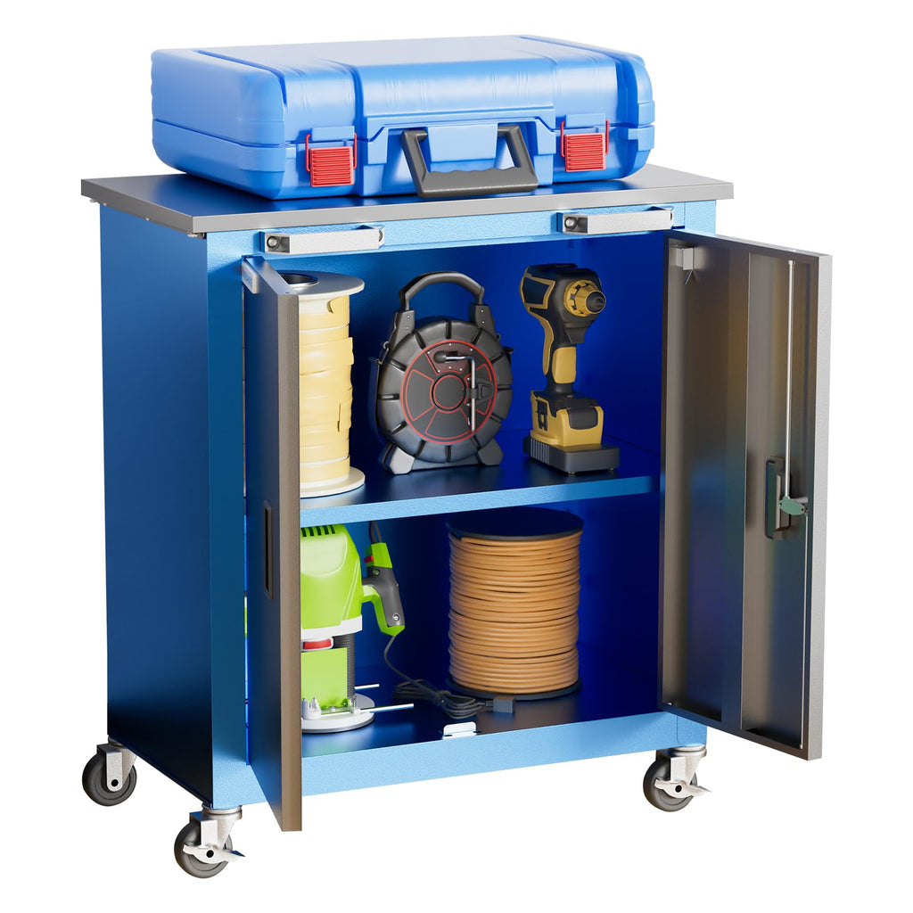 LARBANKE double door tool cabinet with stainless steel work surface, lockable doors, and adjustable shelves