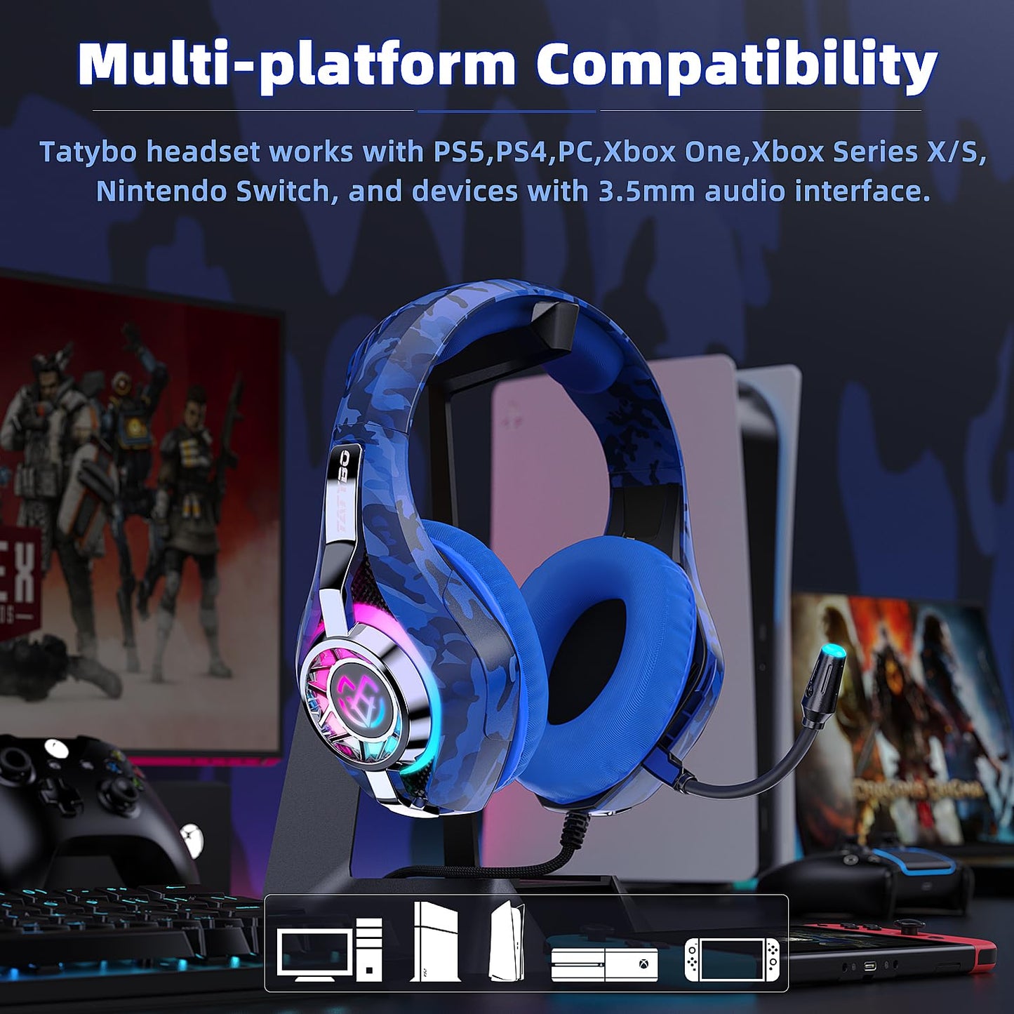 Gaming Headset for PC, Ps5, Switch, Mobile, Gaming Headphones for Nintendo with Noise Canceling Mic, Deep Bass Stereo Sound