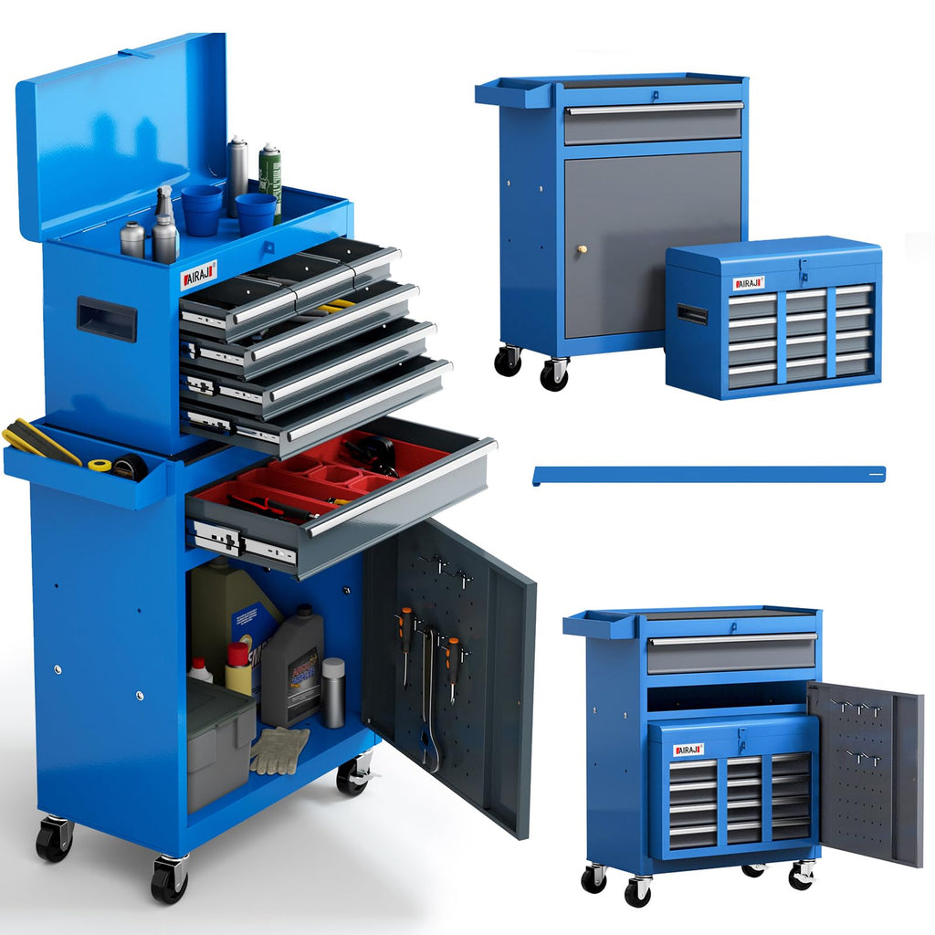 AIRAJ 7-Drawer Workshop Trolley with removable top box, hooks, and 2 brake wheels