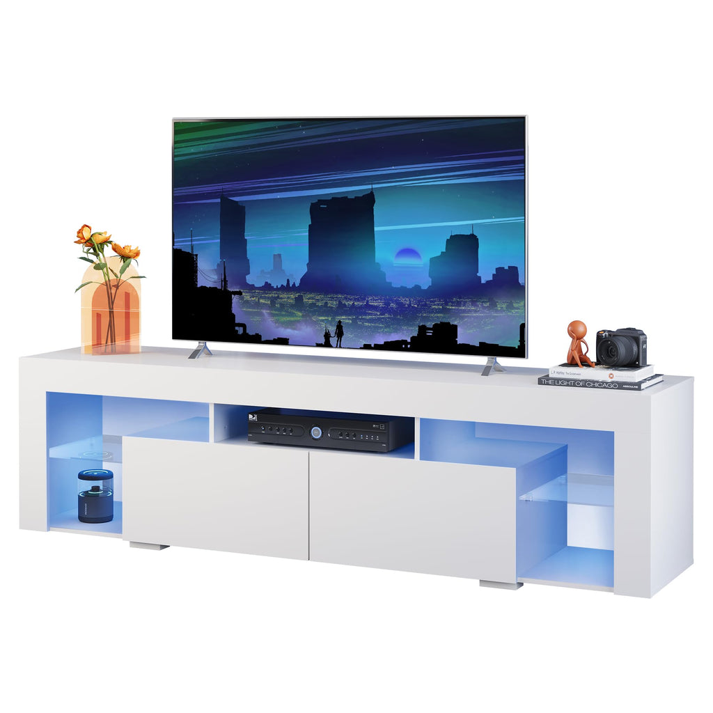 Modern entertainment center with LED lights and storage for TVs up to 75 inches