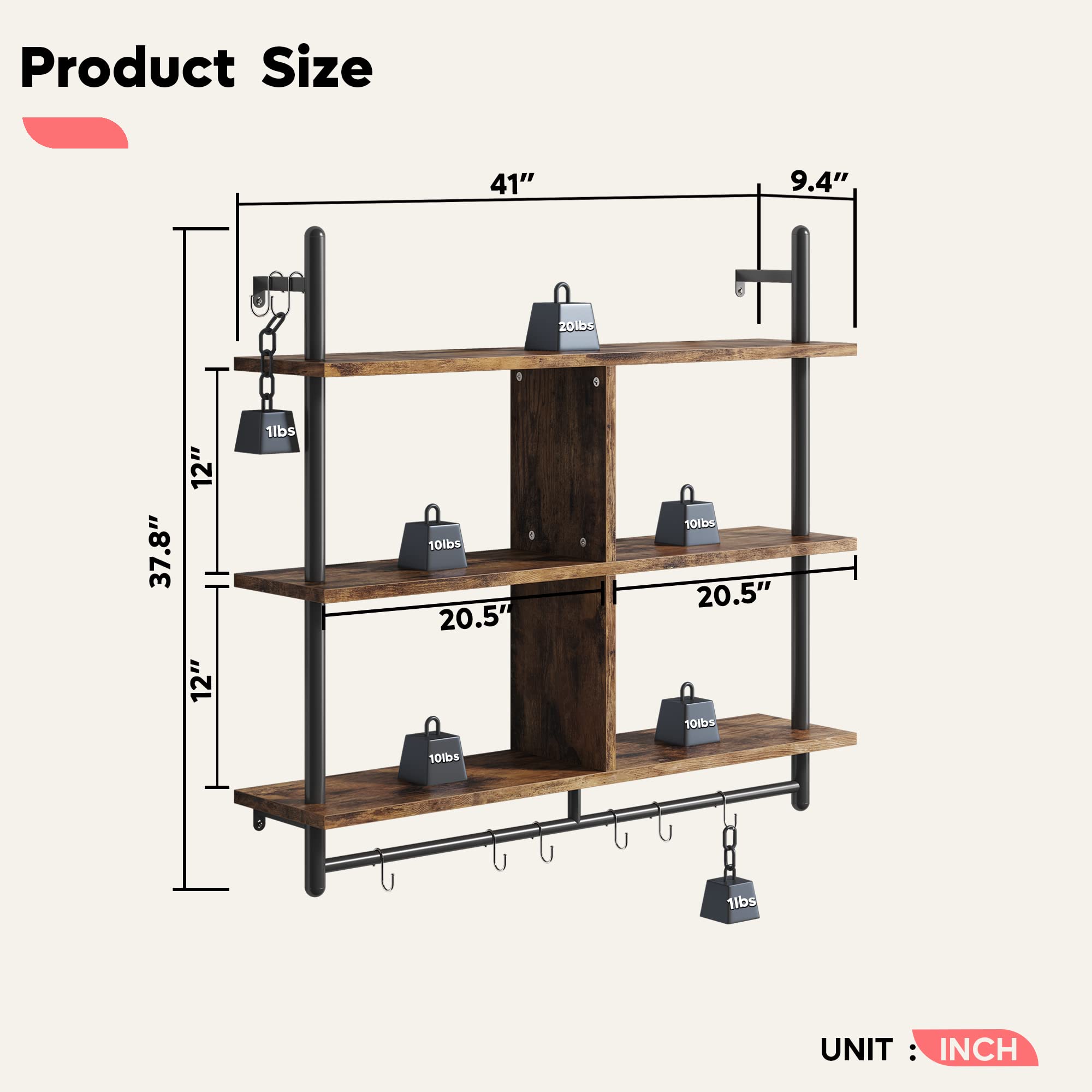 Bestier 3 Tier Industrial Floating Pipe Shelving