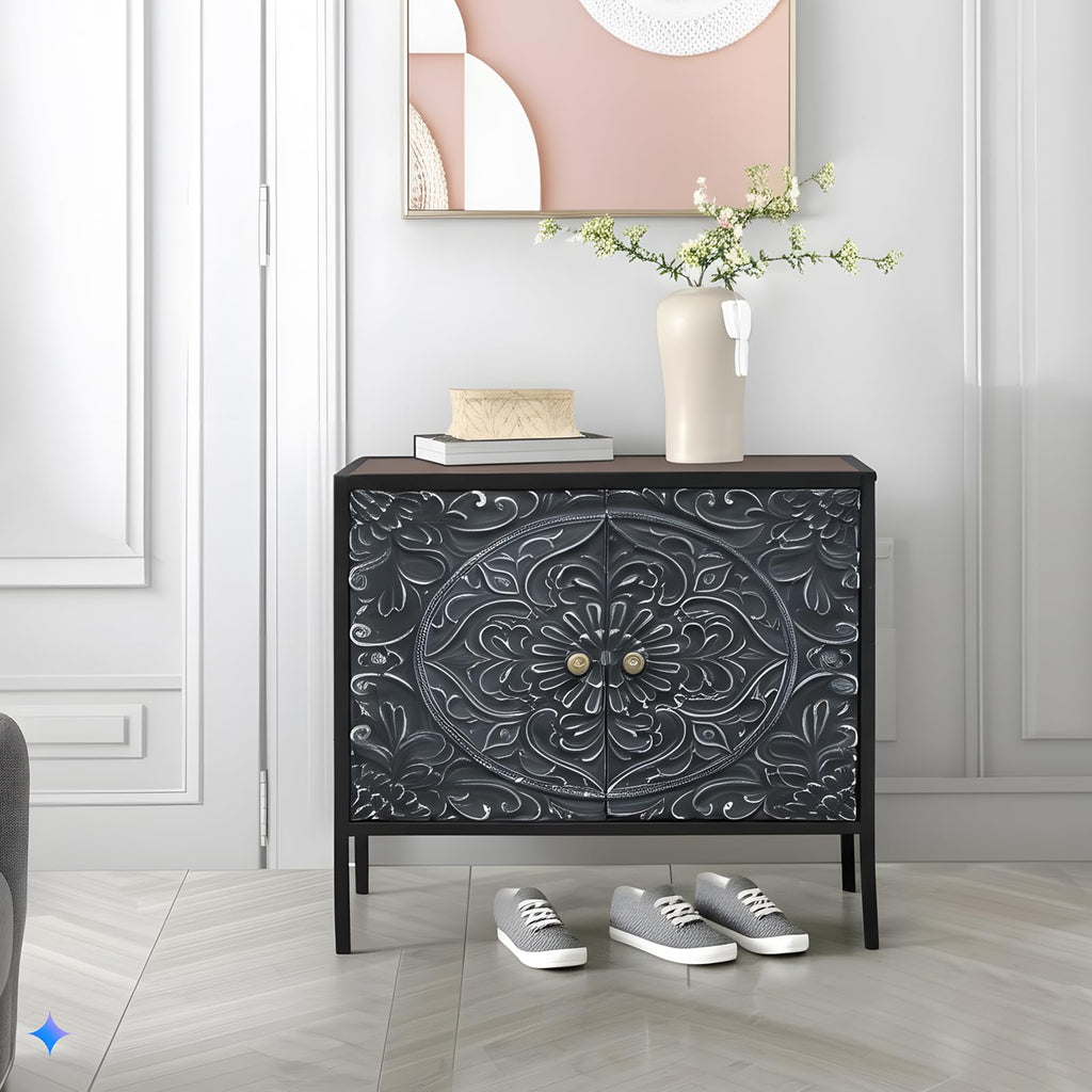 Growsun Vintage Carved Storage Cabinet - Handcrafted Wood Accent Cabinet