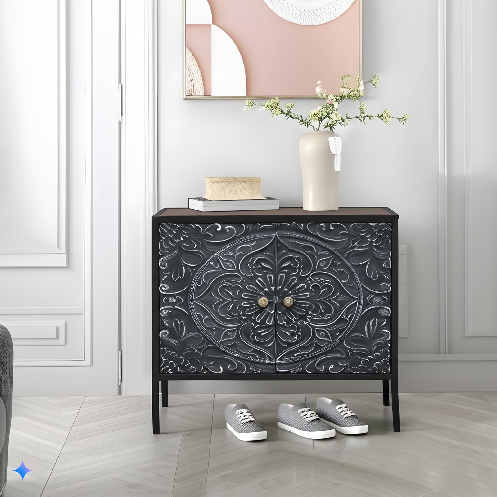 Growsun Vintage Carved Storage Cabinet - Handcrafted Wood Accent Cabinet