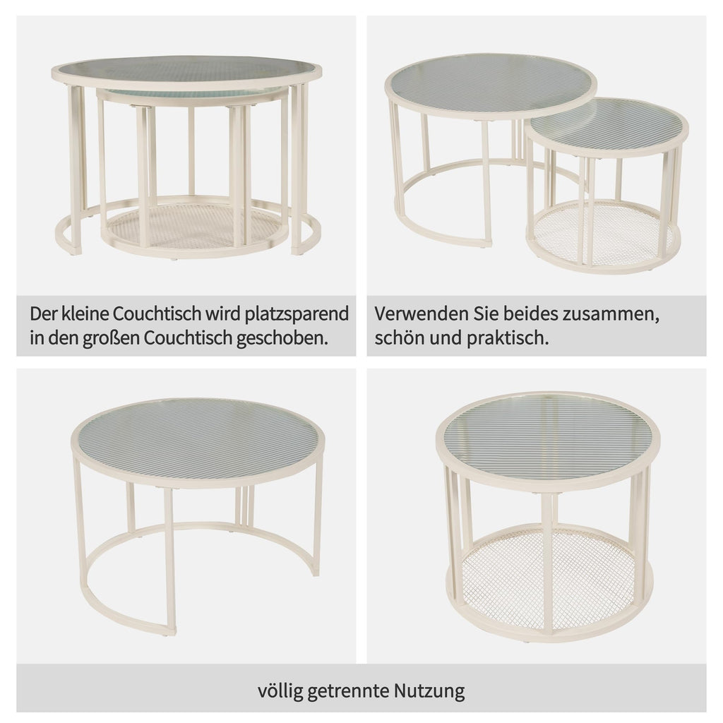 ULUCAN Set of 2 Round Coffee Tables with Water Wave Glass Top