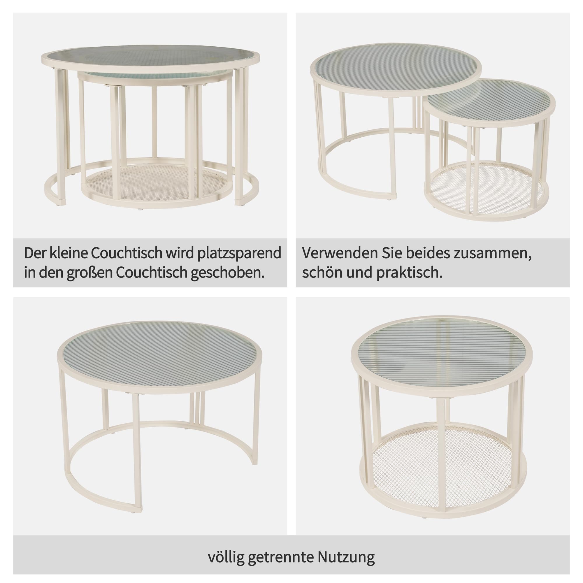 ULUCAN Set of 2 Round Coffee Tables with Water Wave Glass Top