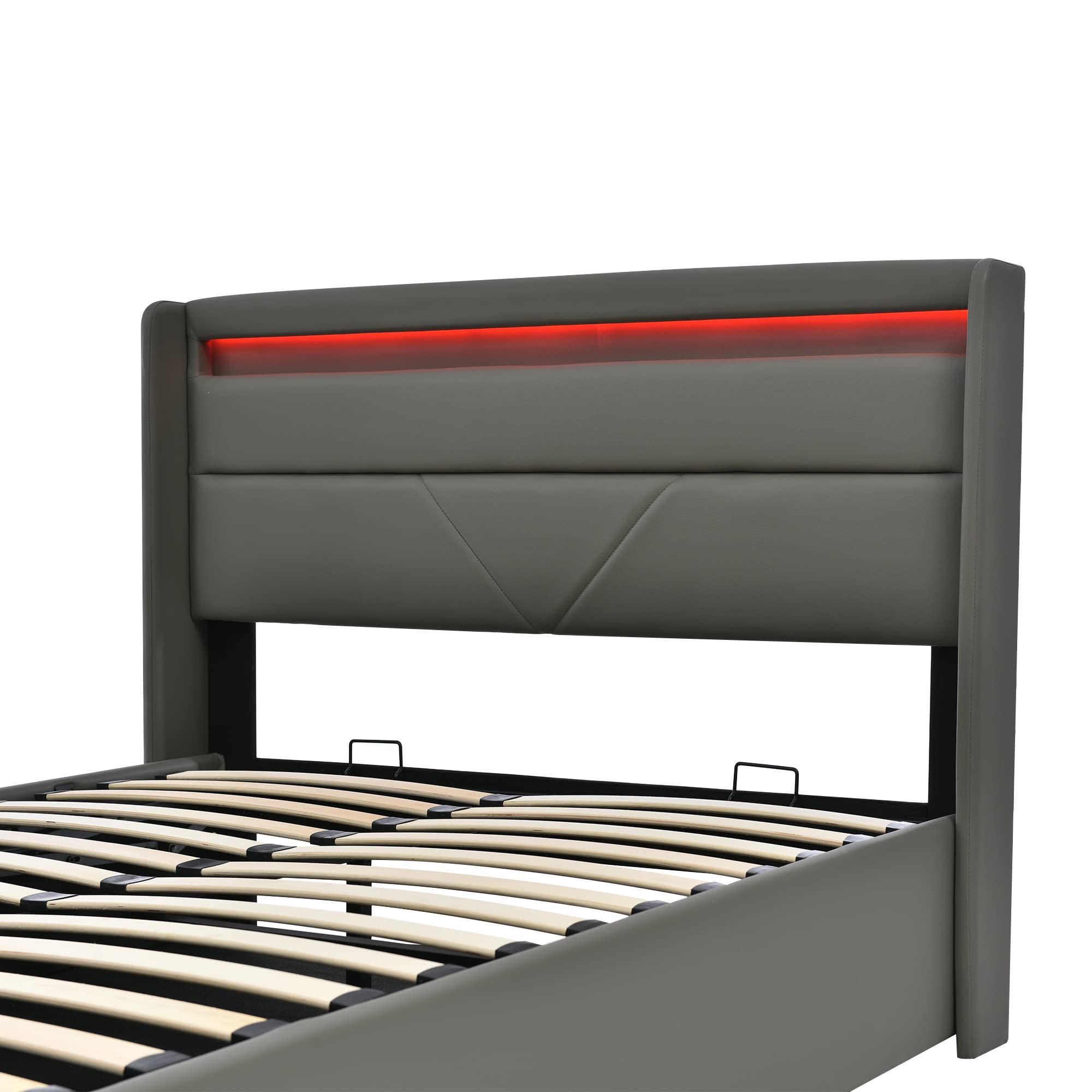 HBCKESD Hydraulic Storage Bed with LED Lighting, Grey