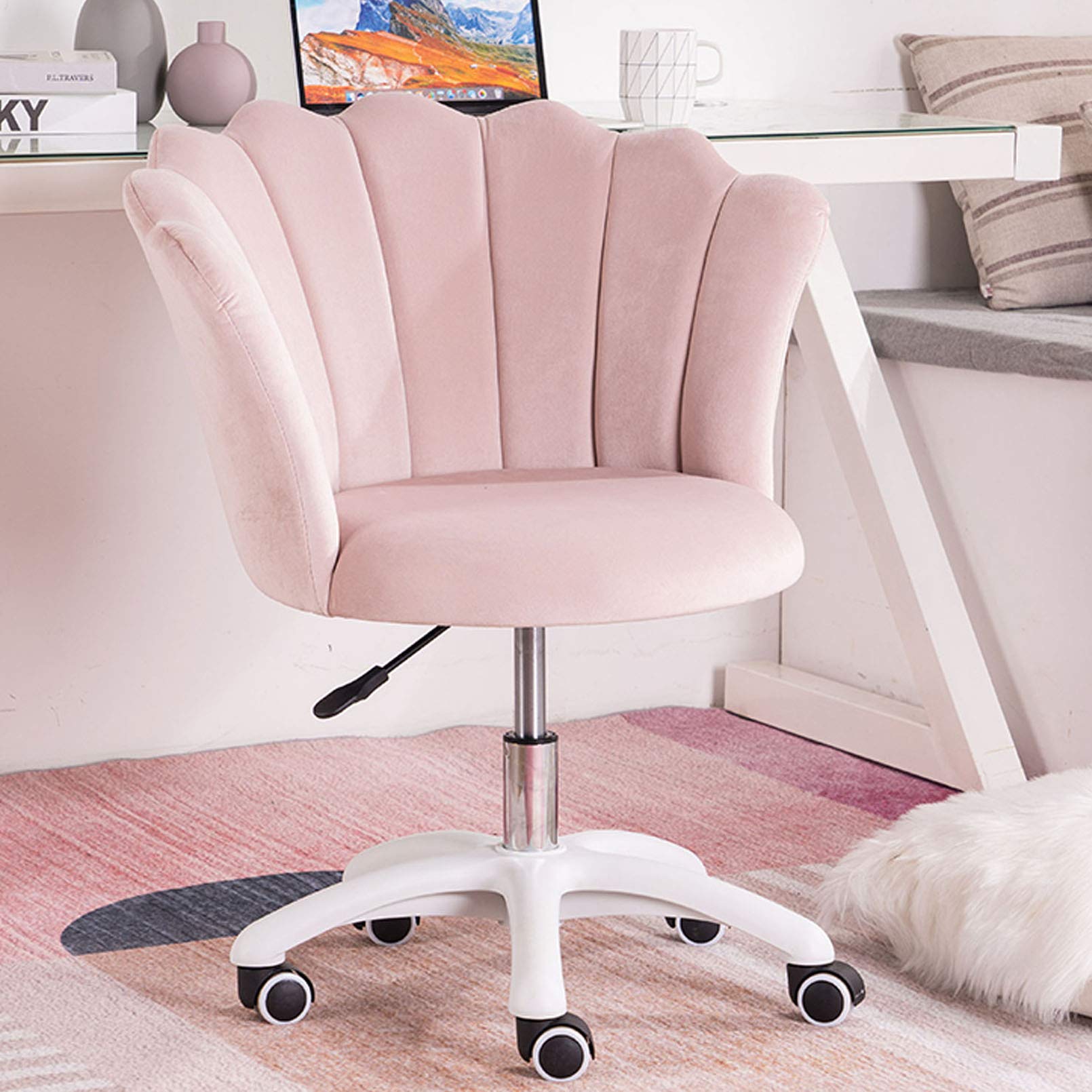 Modern green velvet upholstered swivel office chair with armrests and adjustable seat