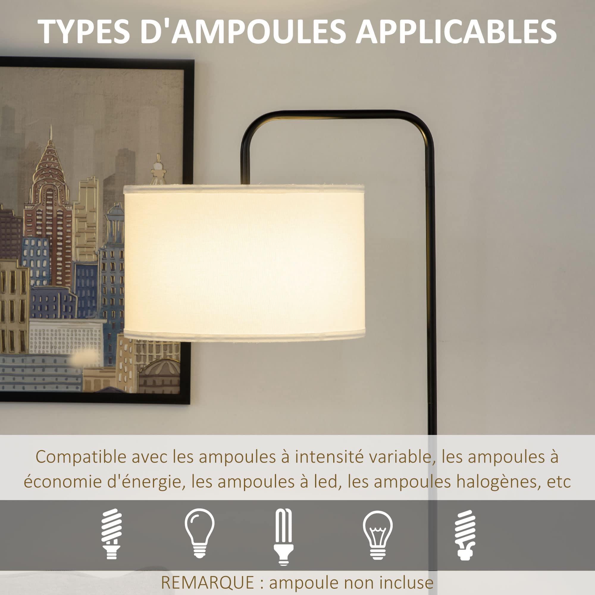 HOMCOM Modern Black Metal Floor Lamp with Cable Shade