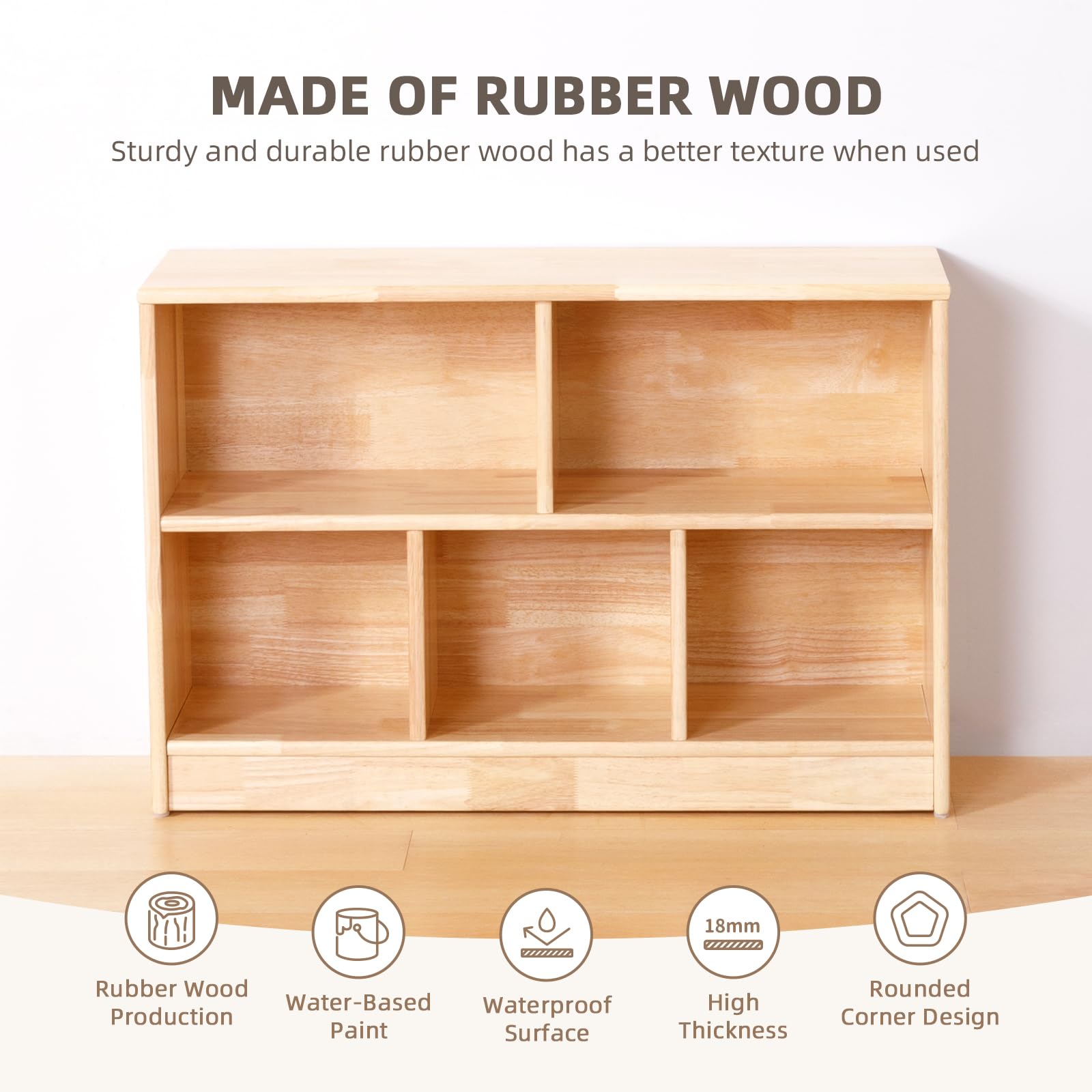 OOOK Montessori Shelf for Kids, 5-Compartment Rubber Wood Storage