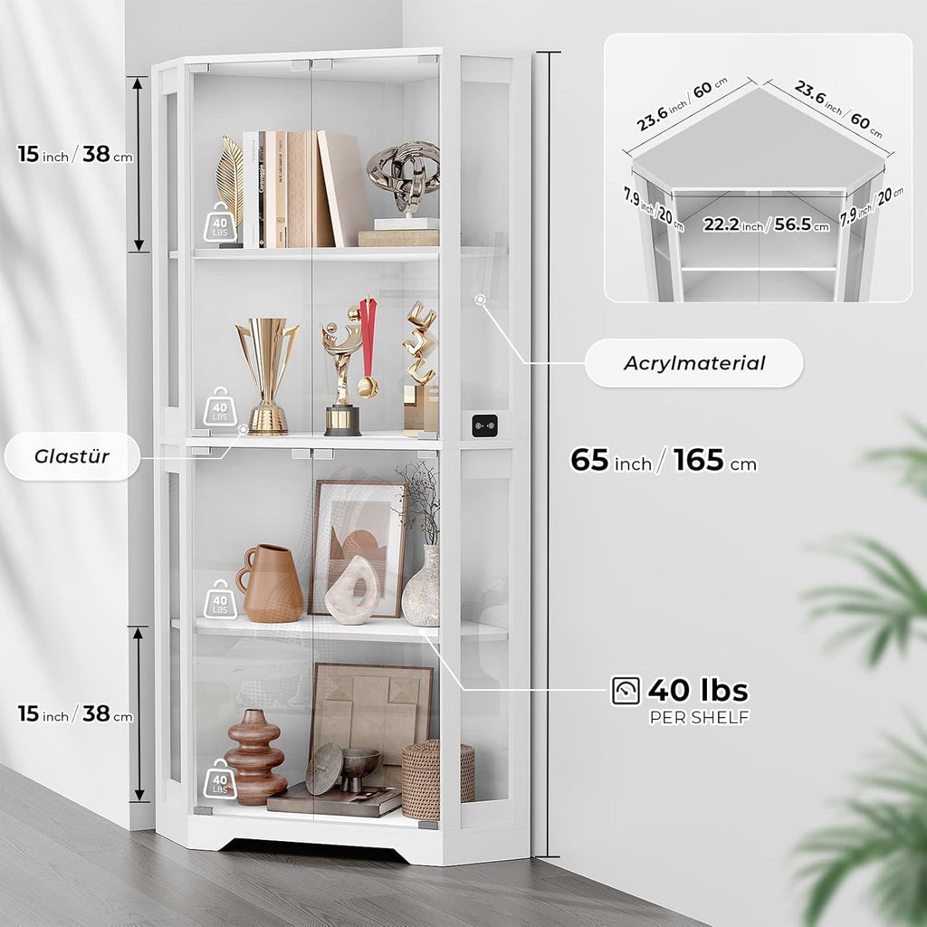 BROTTAR Corner Display Cabinet with Glass Doors Tall 165cm White