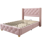 REXO Pink Velvet Upholstered Bed with Quilted Headboard