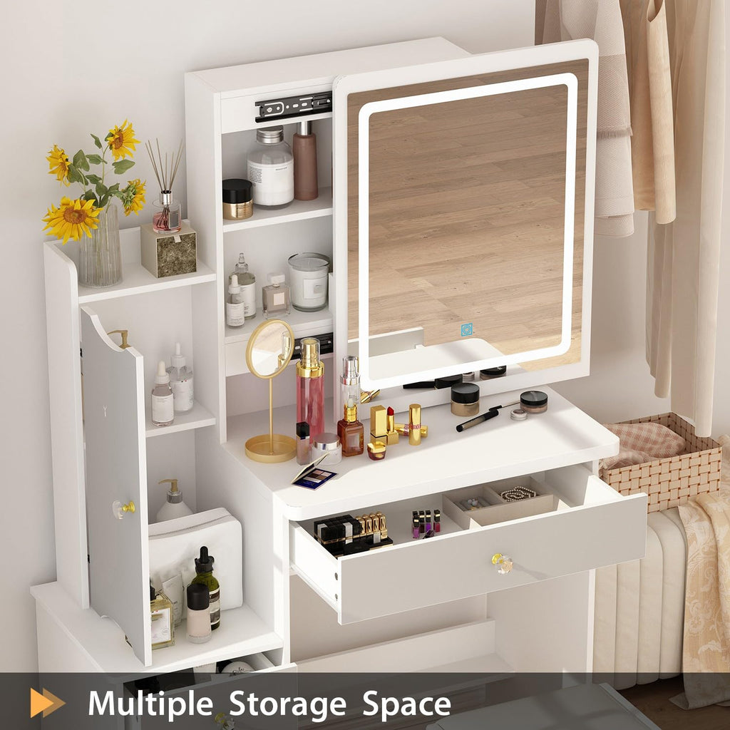 FAMAPY Vanity Desk with Lighted Mirror and Stool, White and Grey