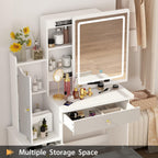 FAMAPY Vanity Desk with Lighted Mirror and Stool, White and Grey