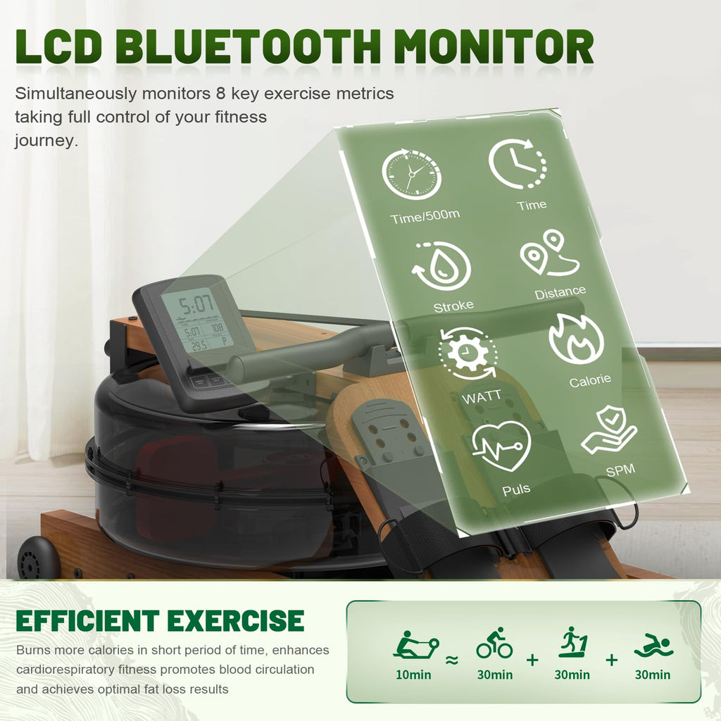 Kitopa Oak Wood Foldable Rowing Machine with Bluetooth
