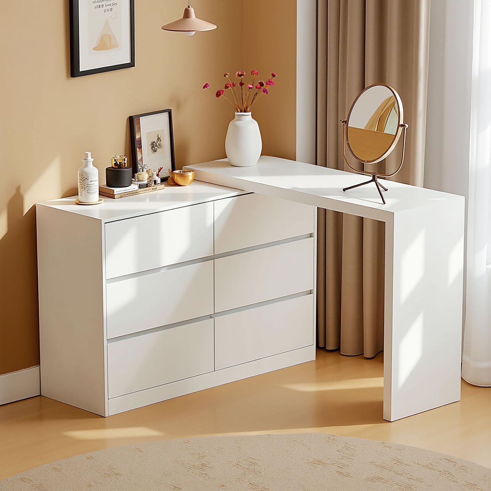 Feetice 6 Drawer L-Shaped Vanity Desk Combo with extendable table and ample storage