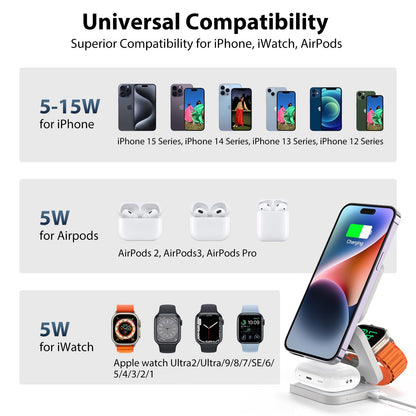 3-in-1 Wireless Charger – Fast Magnetic Charging for iPhone, Apple Watch, & AirPods | Foldable & Portable Dock