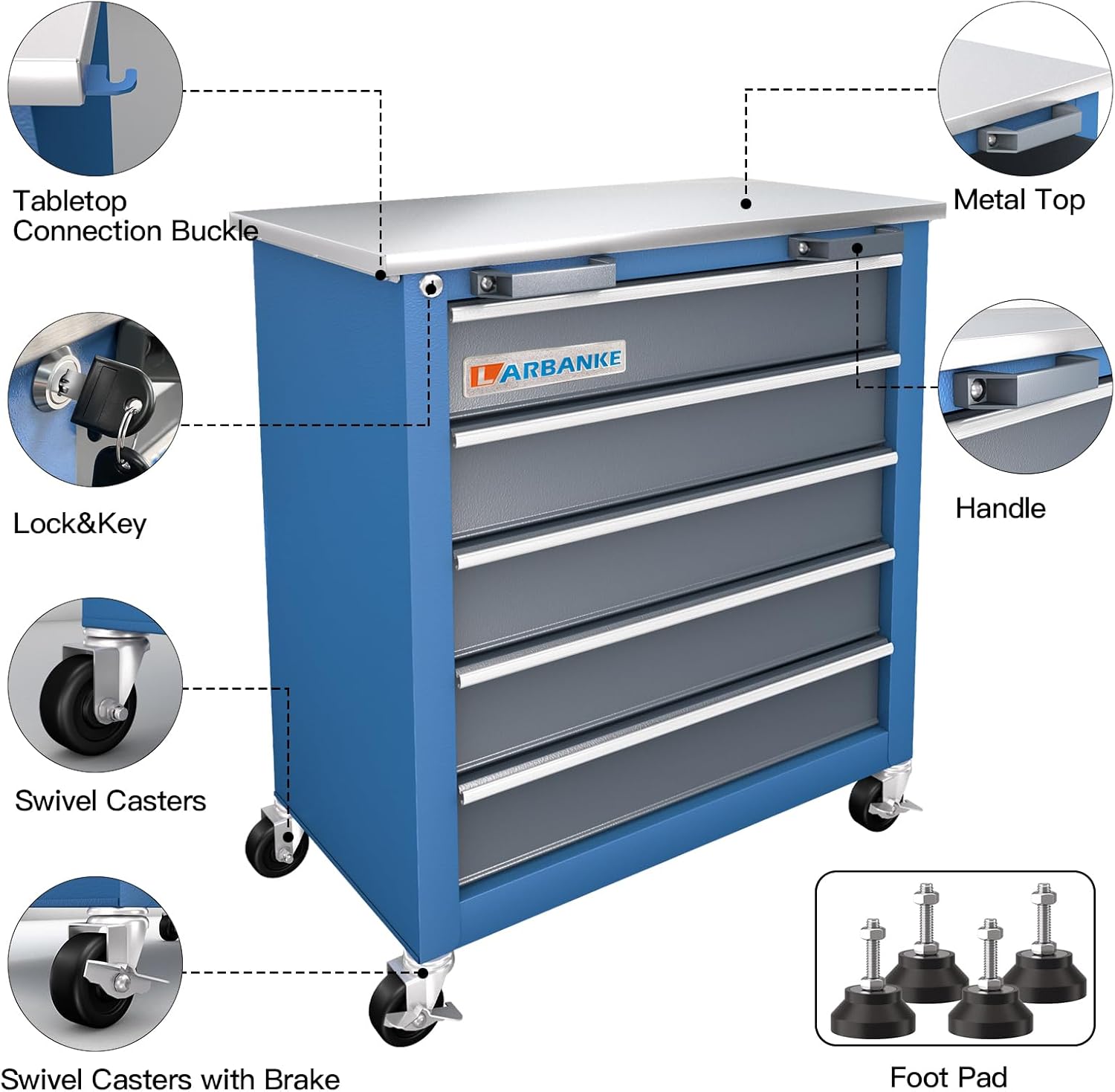 LARBANKE 5-Drawer Rolling Tool Chest with Stainless Steel Worktop - rolling