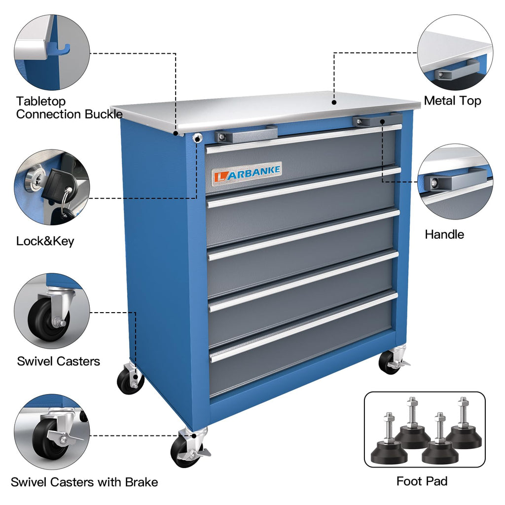 LARBANKE 5-Drawer Rolling Tool Chest with Lockable Cabinet